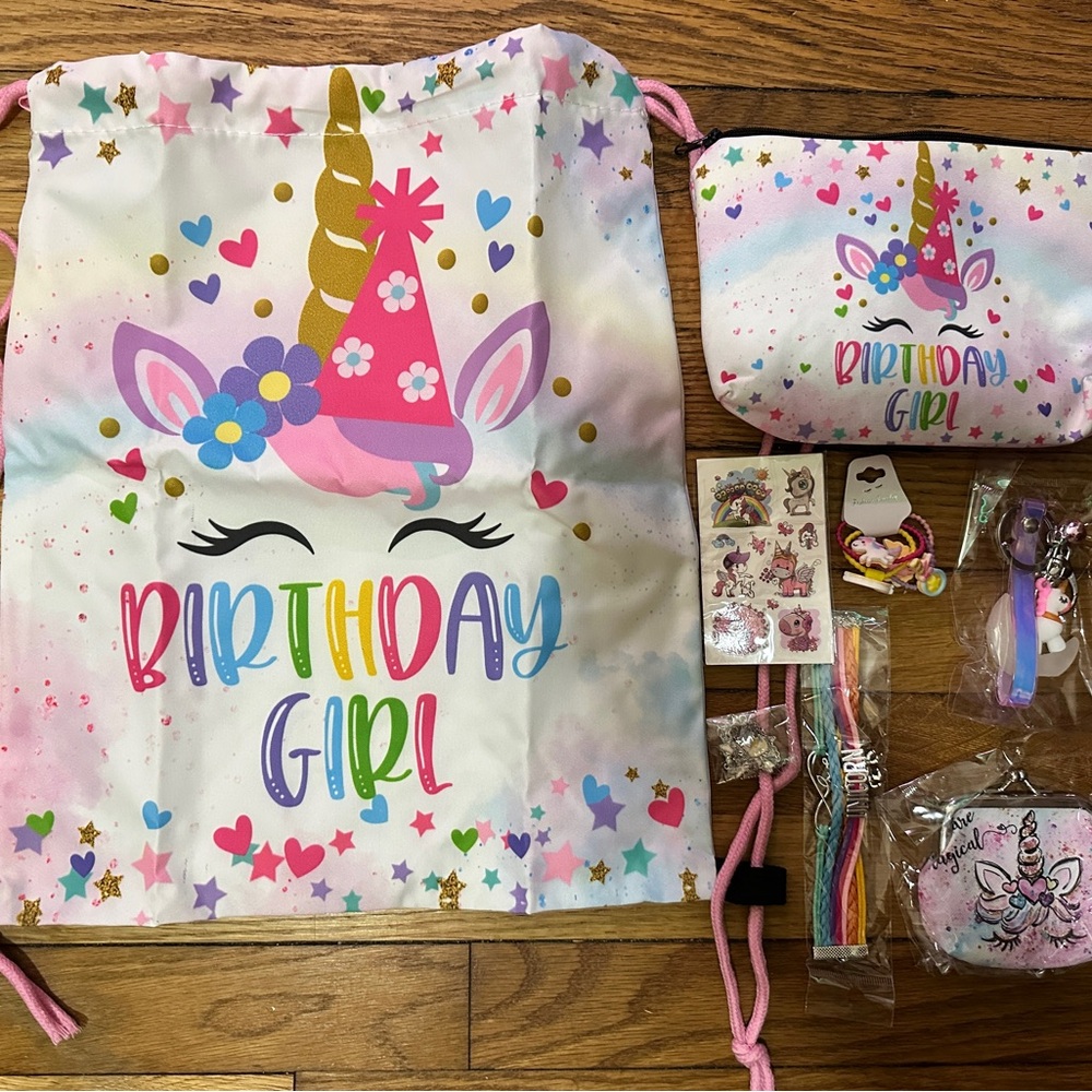 Unicorn Birthday Girl Drawstring Bag and Accessories Set